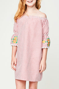 G5326 CHERRY Floral Embroidered Stripe Dress Alternate Angle