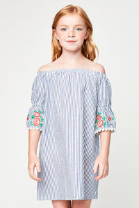 G5326 DENIM Floral Embroidered Stripe Dress Front