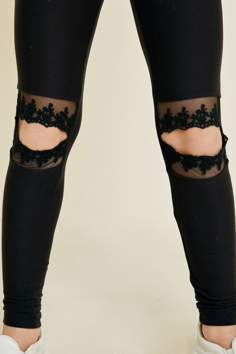 G5422-BLACK Lace Cut-Out Brushed Leggings Front Detail