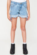 G5458 Lt Denim Girls Lace Trim Lace Up Denim Shorts Front 2