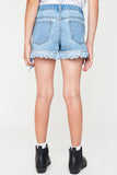 G5458 Lt Denim Girls Lace Trim Lace Up Denim Shorts Back