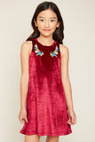 G5548 Plum Girls Satin dress with embroidery Front 2