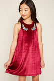 G5548 Plum Girls Satin dress with embroidery Front
