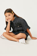 G5588 BLACK DENIM Girls Ruffle Stone Wash Denim Jacket Pose