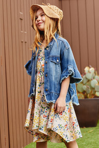 G5588 MID DENIM Girls Ruffle Stone Wash Denim Jacket Front