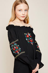 G5605 Black Girls Embroidered Off the Shoulder Dress Close Up