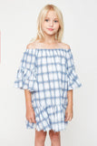 G5608 Off White Girls Off The Shoulder Plaid Ruffle Dress Front