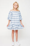 G5608 Off White Girls Off The Shoulder Plaid Ruffle Dress Full Body