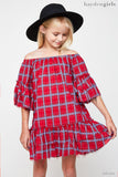 G5608 RED Off Shoulder Plaid Ruffle Dress Front
