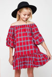 G5608 RED Off Shoulder Plaid Ruffle Dress Alternate Angle