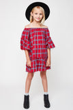 G5608 RED Off Shoulder Plaid Ruffle Dress Alternate Angle