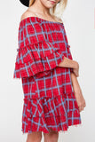 G5608 RED Off Shoulder Plaid Ruffle Dress Front Detail