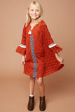 G5613 Rust Girls Textured Knit Dress with Bell Sleeves and Embroidered Detail Full Body