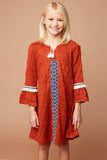 G5613 Rust Girls Textured Knit Dress with Bell Sleeves and Embroidered Detail Front