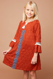 G5613 Rust Girls Textured Knit Dress with Bell Sleeves and Embroidered Detail Side