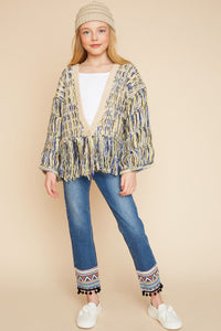 G5653 Army Mix Girls Cropped 3/4 Sleeved Knit Cardigan with a Deep V-Neck Full Body