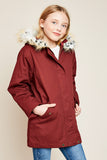 G5662 Wine Girls Cargo Jacket with Fur Trim Front