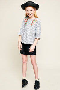 G5772 White Girls Floral Embroidered Ruffle Top Full Body