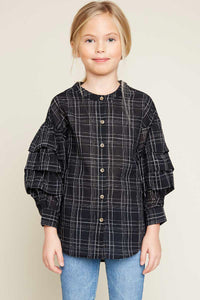 G5773 Black Girls Button Down Ruffle Sleeve Top Front
