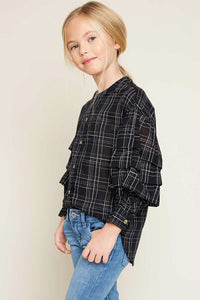 G5773 Black Girls Button Down Ruffle Sleeve Top Side