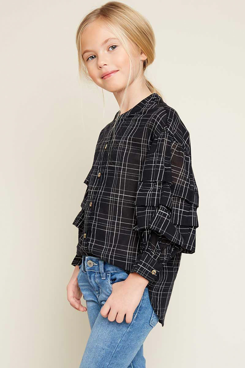 G5773 Black Girls Button Down Ruffle Sleeve Top Side