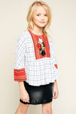 G5776 Off White Girls Flower Embroidered Plaid Top Front