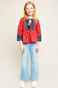 G5776 Red Girls Flower Embroidered Plaid Top Full Body