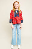 G5776 Red Girls Flower Embroidered Plaid Top Full Body