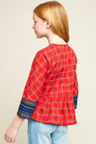 G5776 Red Girls Flower Embroidered Plaid Top Back