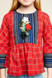 G5776 Red Girls Flower Embroidered Plaid Top Detail