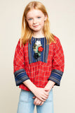 G5776 Red Main Girls Flower Embroidered Plaid Top Front