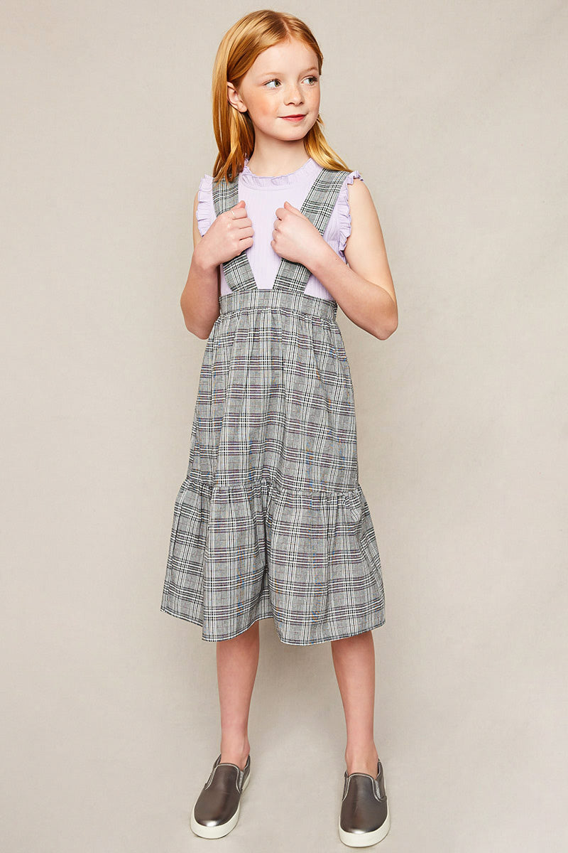 G5875 Grey Tiered Glen Check Overall Dress Full Body Pose