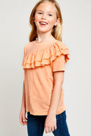 G5893 PEACH Asymmetrical Ruffle T-Shirt Front