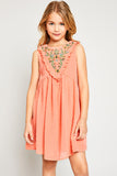 G5908 Coral Girls Bohemian Flower Embroidered Swing Dress Front