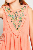 G5908 Coral Girls Bohemian Flower Embroidered Swing Dress Detail