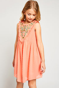 G5908 Coral Girls Bohemian Flower Embroidered Swing Dress Front 2