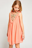 G5908 Coral Girls Bohemian Flower Embroidered Swing Dress Front 2