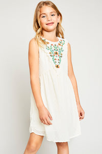 G5908 Ivory Girls Bohemian Flower Embroidered Swing Dress Front