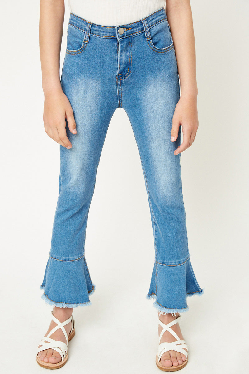 G5962 BLACK DENIM Cropped Frill Flare Jeans Front