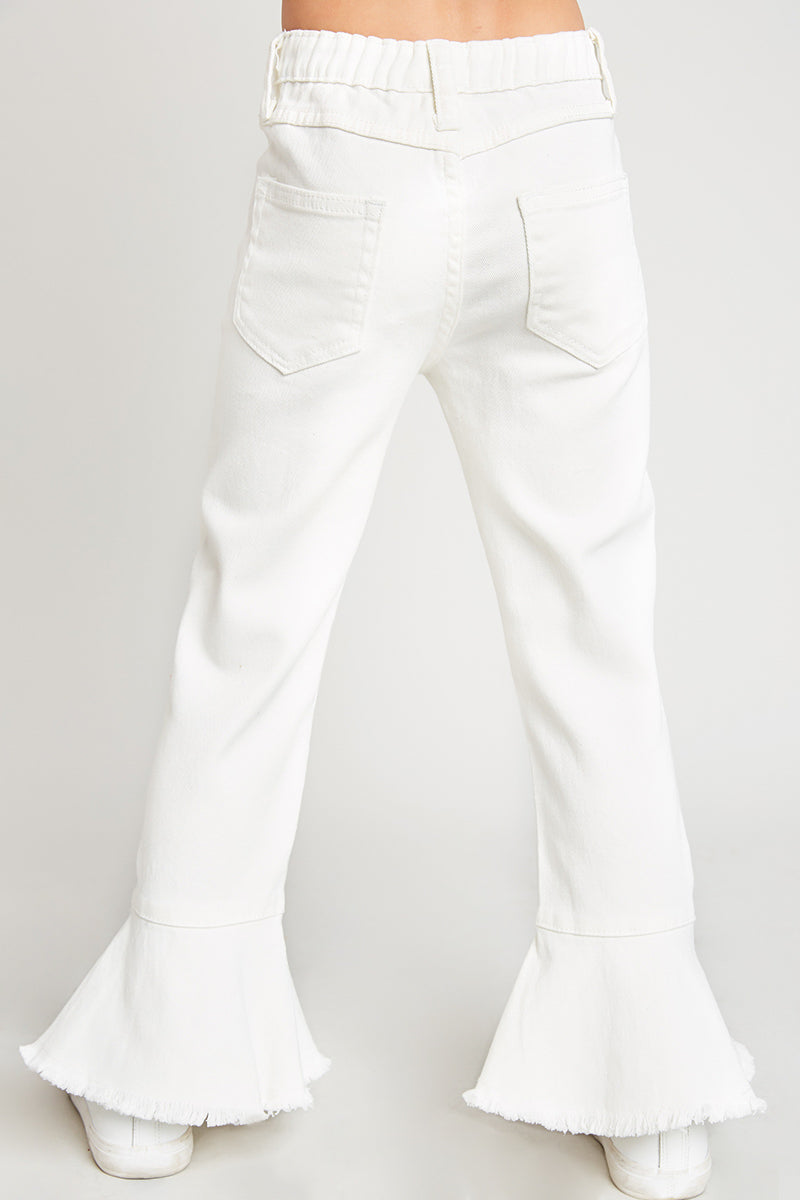 G5962-MID DENIM-Cropped Frill Flare Jeans Front