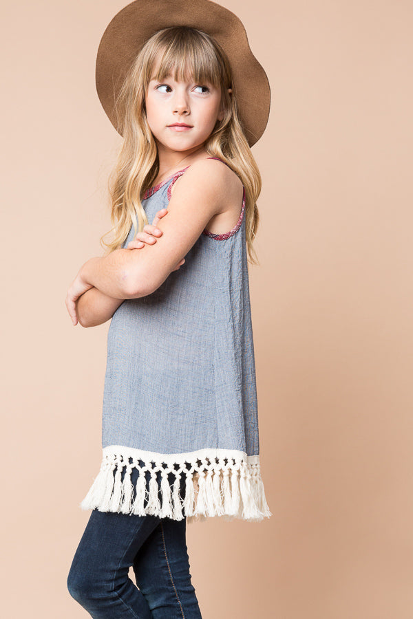G6025 Denim Girls Frayed Tunic Detail