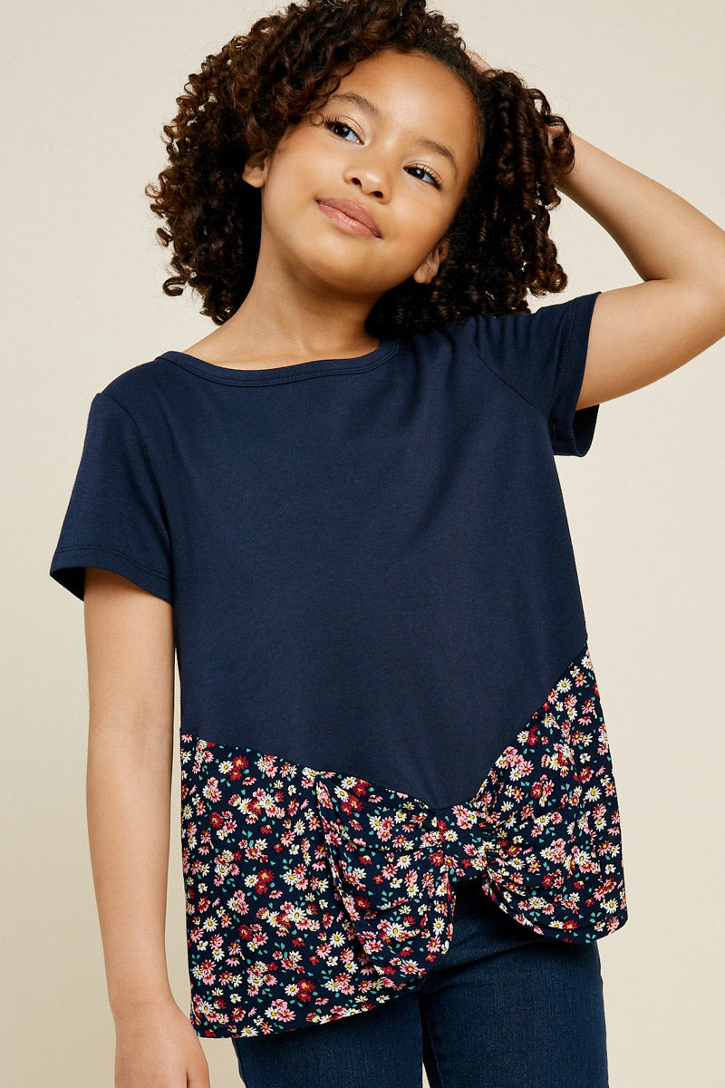 G6078-NAVY Floral Contrast T-Shirt Alternate Angle