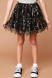 G6086 Black Girls Sequined Mesh Skirt With Elastic Waistband Front