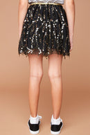 G6086 Black Girls Sequined Mesh Skirt With Elastic Waistband Back
