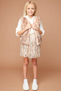 G6086 Champagne Girls Sequined Mesh Skirt With Elastic Waistband Full Body