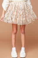 G6086 Champagne Girls Sequined Mesh Skirt With Elastic Waistband Detail