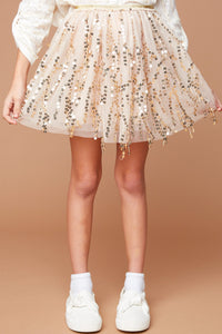 G6086 Champagne Girls Sequined Mesh Skirt With Elastic Waistband Detail