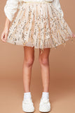G6086 Champagne Girls Sequined Mesh Skirt With Elastic Waistband Detail