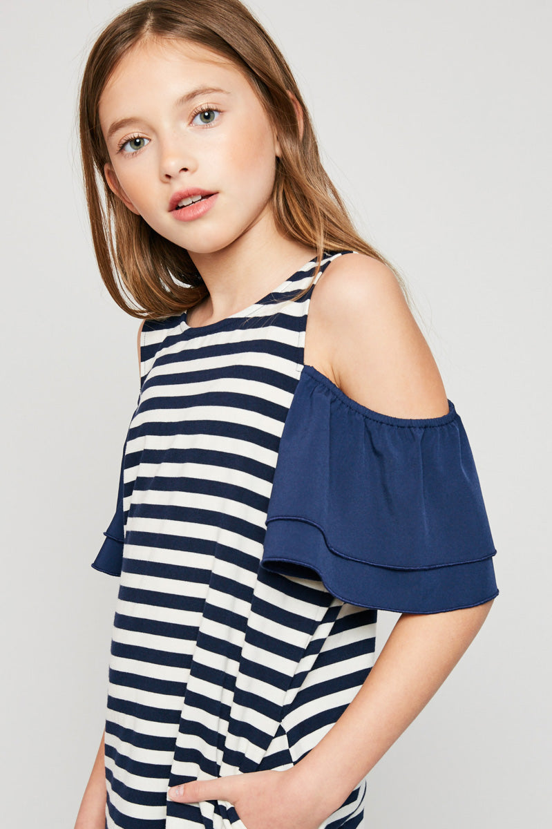 G6147 NAVY Cold-Shoulder Stripe Dress Alternate Angle