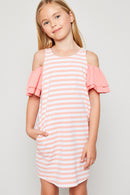 G6147 PINK Cold-Shoulder Stripe Dress Front